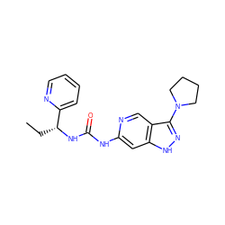 CC[C@@H](NC(=O)Nc1cc2[nH]nc(N3CCCC3)c2cn1)c1ccccn1 ZINC001772633029