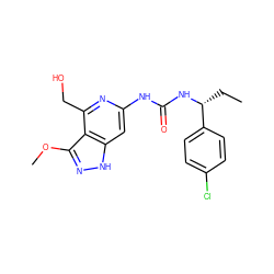 CC[C@@H](NC(=O)Nc1cc2[nH]nc(OC)c2c(CO)n1)c1ccc(Cl)cc1 ZINC001772634096