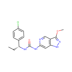 CC[C@@H](NC(=O)Nc1cc2[nH]nc(OC)c2cn1)c1ccc(Cl)cc1 ZINC001772650623