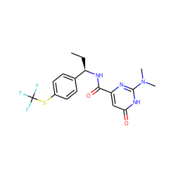 CC[C@@H](NC(=O)c1cc(=O)[nH]c(N(C)C)n1)c1ccc(SC(F)(F)F)cc1 ZINC001772608541