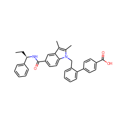 CC[C@@H](NC(=O)c1ccc2c(c1)c(C)c(C)n2Cc1ccccc1-c1ccc(C(=O)O)cc1)c1ccccc1 ZINC000198554703