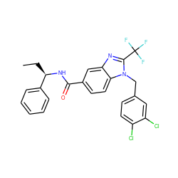 CC[C@@H](NC(=O)c1ccc2c(c1)nc(C(F)(F)F)n2Cc1ccc(Cl)c(Cl)c1)c1ccccc1 ZINC000043206883