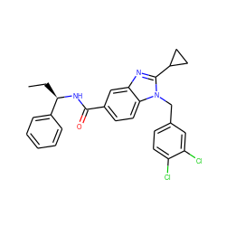 CC[C@@H](NC(=O)c1ccc2c(c1)nc(C1CC1)n2Cc1ccc(Cl)c(Cl)c1)c1ccccc1 ZINC000072181442