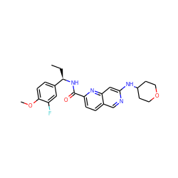 CC[C@@H](NC(=O)c1ccc2cnc(NC3CCOCC3)cc2n1)c1ccc(OC)c(F)c1 ZINC000205443971