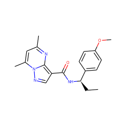 CC[C@@H](NC(=O)c1cnn2c(C)cc(C)nc12)c1ccc(OC)cc1 ZINC000027607485