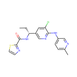 CC[C@@H](NC(=O)c1nccs1)c1cnc(Nc2ccc(C)nc2)c(Cl)c1 ZINC000473107194