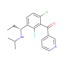 CC[C@@H](NC(C)C)c1ccc(Cl)c(C(=O)c2cccnc2)c1F ZINC001772640878