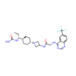 CC[C@@H](NC(N)=O)[C@H]1CC[C@H](N2CC(NC(=O)CNc3ncnc4ccc(C(F)(F)F)cc34)C2)CC1 ZINC000149146030