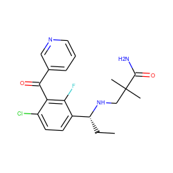 CC[C@@H](NCC(C)(C)C(N)=O)c1ccc(Cl)c(C(=O)c2cccnc2)c1F ZINC000220702613