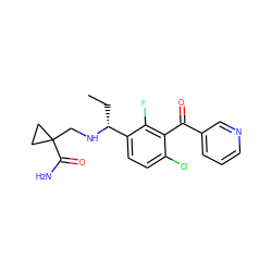 CC[C@@H](NCC1(C(N)=O)CC1)c1ccc(Cl)c(C(=O)c2cccnc2)c1F ZINC000220685002