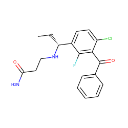 CC[C@@H](NCCC(N)=O)c1ccc(Cl)c(C(=O)c2ccccc2)c1F ZINC000220648589