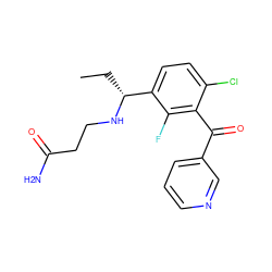 CC[C@@H](NCCC(N)=O)c1ccc(Cl)c(C(=O)c2cccnc2)c1F ZINC000220721375