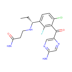 CC[C@@H](NCCC(N)=O)c1ccc(Cl)c(C(=O)c2cnc(N)cn2)c1F ZINC000220807303