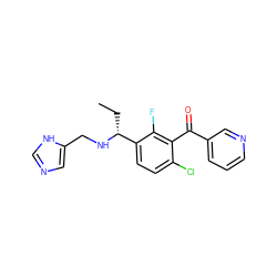 CC[C@@H](NCc1cnc[nH]1)c1ccc(Cl)c(C(=O)c2cccnc2)c1F ZINC000220746360