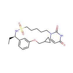 CC[C@@H](NS(=O)(=O)CCCCCn1ccc(=O)[nH]c1=O)c1cccc(OCC2CC2)c1 ZINC000169694394