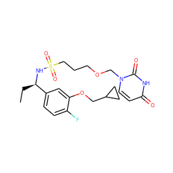 CC[C@@H](NS(=O)(=O)CCCOCn1ccc(=O)[nH]c1=O)c1ccc(F)c(OCC2CC2)c1 ZINC000068197529