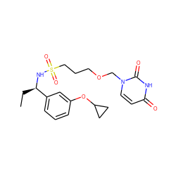 CC[C@@H](NS(=O)(=O)CCCOCn1ccc(=O)[nH]c1=O)c1cccc(OC2CC2)c1 ZINC000116098014