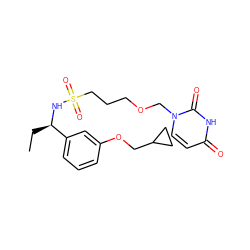 CC[C@@H](NS(=O)(=O)CCCOCn1ccc(=O)[nH]c1=O)c1cccc(OCC2CC2)c1 ZINC000068197534