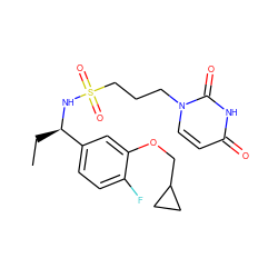 CC[C@@H](NS(=O)(=O)CCCn1ccc(=O)[nH]c1=O)c1ccc(F)c(OCC2CC2)c1 ZINC000116101611