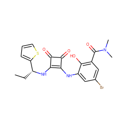 CC[C@@H](Nc1c(Nc2cc(Br)cc(C(=O)N(C)C)c2O)c(=O)c1=O)c1cccs1 ZINC000101278126