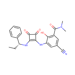 CC[C@@H](Nc1c(Nc2cc(C#N)cc(C(=O)N(C)C)c2O)c(=O)c1=O)c1ccccc1 ZINC000101278179