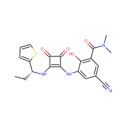 CC[C@@H](Nc1c(Nc2cc(C#N)cc(C(=O)N(C)C)c2O)c(=O)c1=O)c1cccs1 ZINC000101278122