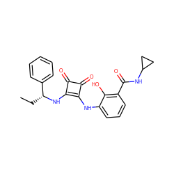 CC[C@@H](Nc1c(Nc2cccc(C(=O)NC3CC3)c2O)c(=O)c1=O)c1ccccc1 ZINC000101278159