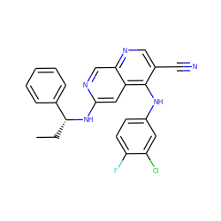 CC[C@@H](Nc1cc2c(Nc3ccc(F)c(Cl)c3)c(C#N)cnc2cn1)c1ccccc1 ZINC000028529525