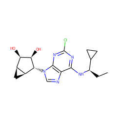 CC[C@@H](Nc1nc(Cl)nc2c1ncn2[C@H]1[C@H](O)[C@H](O)[C@@H]2C[C@@H]21)C1CC1 ZINC000095555147