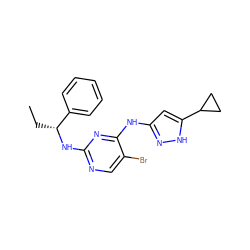 CC[C@@H](Nc1ncc(Br)c(Nc2cc(C3CC3)[nH]n2)n1)c1ccccc1 ZINC000140537142