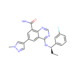 CC[C@@H](Nc1ncnc2c(C(N)=O)cc(-c3cnn(C)c3)cc12)c1cccc(F)c1 ZINC000114349344