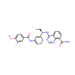 CC[C@@H](Nc1ncnc2c(C(N)=O)cccc12)C1=CC(NC(=O)c2ccc(OC)c(F)c2)=CCC1 ZINC000167129000