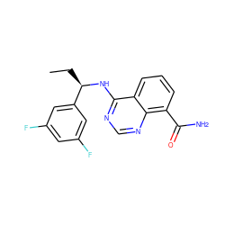 CC[C@@H](Nc1ncnc2c(C(N)=O)cccc12)c1cc(F)cc(F)c1 ZINC000114399104