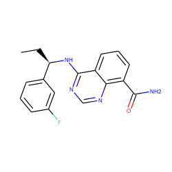 CC[C@@H](Nc1ncnc2c(C(N)=O)cccc12)c1cccc(F)c1 ZINC000114348569