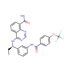 CC[C@@H](Nc1ncnc2c(C(N)=O)cccc12)c1cccc(NC(=O)c2ccc(OC(F)(F)F)cc2)c1 ZINC000167026397