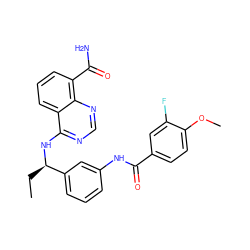 CC[C@@H](Nc1ncnc2c(C(N)=O)cccc12)c1cccc(NC(=O)c2ccc(OC)c(F)c2)c1 ZINC000167031888