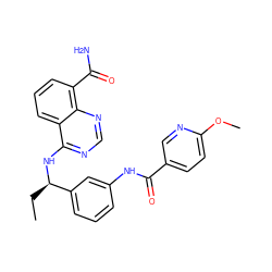 CC[C@@H](Nc1ncnc2c(C(N)=O)cccc12)c1cccc(NC(=O)c2ccc(OC)nc2)c1 ZINC000114346620