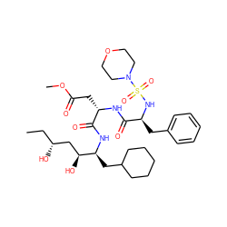 CC[C@@H](O)C[C@H](O)[C@H](CC1CCCCC1)NC(=O)[C@H](CC(=O)OC)NC(=O)[C@H](Cc1ccccc1)NS(=O)(=O)N1CCOCC1 ZINC000026578660