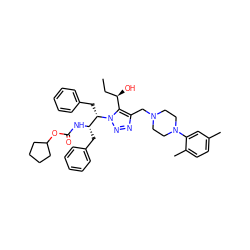 CC[C@@H](O)c1c(CN2CCN(c3cc(C)ccc3C)CC2)nnn1[C@@H](Cc1ccccc1)[C@H](Cc1ccccc1)NC(=O)OC1CCCC1 ZINC000049813647