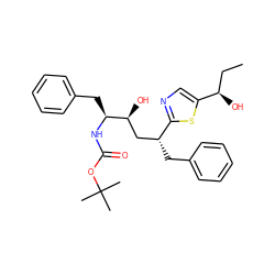 CC[C@@H](O)c1cnc([C@H](Cc2ccccc2)C[C@H](O)[C@H](Cc2ccccc2)NC(=O)OC(C)(C)C)s1 ZINC000026498595