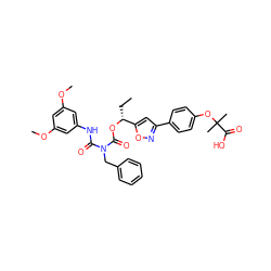 CC[C@@H](OC(=O)N(Cc1ccccc1)C(=O)Nc1cc(OC)cc(OC)c1)c1cc(-c2ccc(OC(C)(C)C(=O)O)cc2)no1 ZINC000220931040