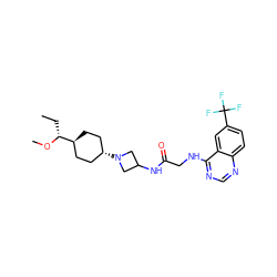 CC[C@@H](OC)[C@H]1CC[C@H](N2CC(NC(=O)CNc3ncnc4ccc(C(F)(F)F)cc34)C2)CC1 ZINC000149195734