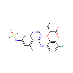 CC[C@@H](Oc1cc(F)ccc1Nc1ncnc2cc(N=S(C)(C)=O)cc(C)c12)C(=O)OC ZINC001772576295