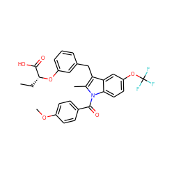 CC[C@@H](Oc1cccc(Cc2c(C)n(C(=O)c3ccc(OC)cc3)c3ccc(OC(F)(F)F)cc23)c1)C(=O)O ZINC000028130483