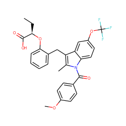 CC[C@@H](Oc1ccccc1Cc1c(C)n(C(=O)c2ccc(OC)cc2)c2ccc(OC(F)(F)F)cc12)C(=O)O ZINC000028120698