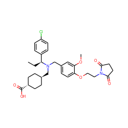 CC[C@@H](c1ccc(Cl)cc1)N(Cc1ccc(OCCN2C(=O)CCC2=O)c(OC)c1)C[C@H]1CC[C@H](C(=O)O)CC1 ZINC000473228893