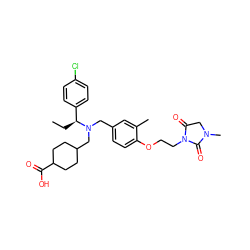 CC[C@@H](c1ccc(Cl)cc1)N(Cc1ccc(OCCN2C(=O)CN(C)C2=O)c(C)c1)CC1CCC(C(=O)O)CC1 ZINC000206116031