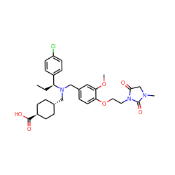 CC[C@@H](c1ccc(Cl)cc1)N(Cc1ccc(OCCN2C(=O)CN(C)C2=O)c(OC)c1)C[C@H]1CC[C@H](C(=O)O)CC1 ZINC000473228940