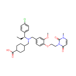 CC[C@@H](c1ccc(Cl)cc1)N(Cc1ccc(OCCn2c(=O)ccn(C)c2=O)c(OC)c1)CC1CCC(C(=O)O)CC1 ZINC000206115893