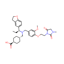 CC[C@@H](c1ccc2c(c1)CCO2)N(Cc1ccc(OCCN2C(=O)CN(C)C2=O)c(OC)c1)C[C@H]1CC[C@H](C(=O)O)CC1 ZINC000473228783